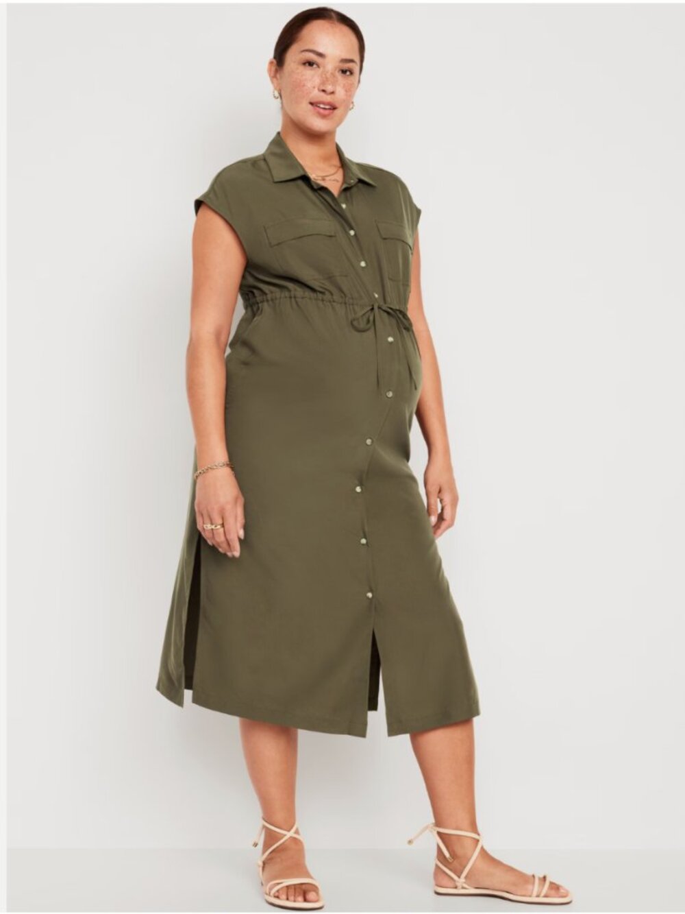 Old Navy Button Front Tie Waist Utility Maternity Dress Olive size S -- NWT
